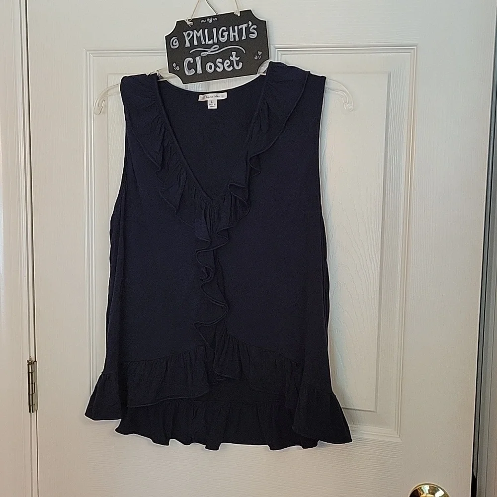 Sophie Max Ruffled Blouse Large Navy Sleeveless